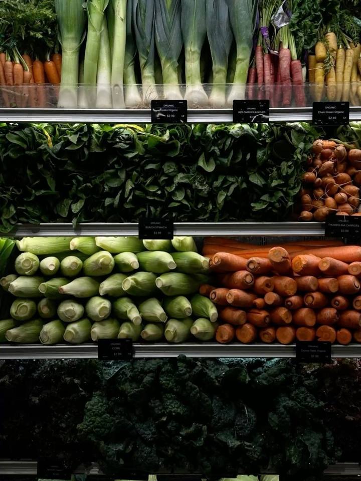 The produce wall, stacked and labelled